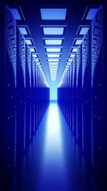 Her iki taraftaki sunucu rafları - depolama veya sunucu konsepti - mavi filtreli 3d 4k dikey animasyon (2160x3840 px)