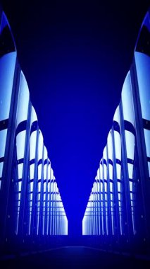 Her iki taraftaki sunucu rafları - depolama veya sunucu konsepti - mavi filtreli 3d 4k dikey animasyon (2160x3840 px)