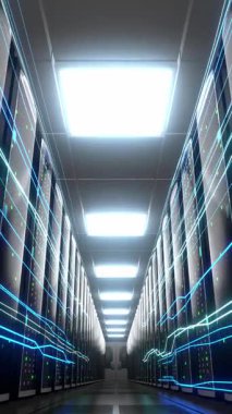 Bilgisayar raflı sunucu odasında dijital veri akışı - depolama veya sunucu konsepti - 3d 4k dikey animasyon (2160x3840 px)