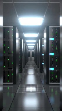 Her iki tarafta sunucu rafları - depolama veya sunucu konsepti - 3d 4k dikey animasyon (2160x3840 px)