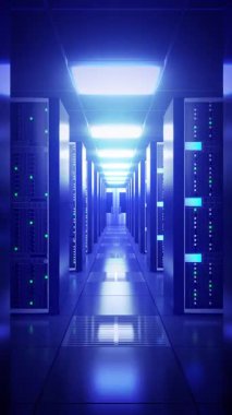 Her iki taraftaki sunucu rafları - depolama veya sunucu konsepti - mavi filtreli 3d 4k dikey animasyon (2160x3840 px)