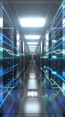 Bilgisayar raflı sunucu odasında dijital veri akışı - depolama veya sunucu konsepti - 3d 4k dikey animasyon (2160x3840 px)