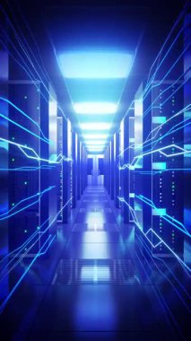 Bilgisayar rafları ile sunucu odasında dijital veri akışı - depolama veya ev sahipliği kavramı - mavi filtreli 3d 4k dikey animasyon (2160x3840 px)