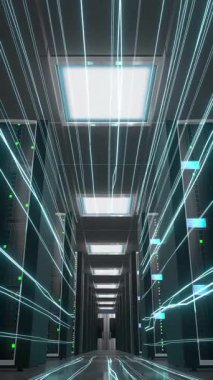 Bilgisayar raflı sunucu odasında dijital veri akışı - depolama veya sunucu konsepti - 3d 4k dikey animasyon (2160x3840 px)