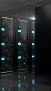 Her iki tarafta sunucu rafları - depolama veya sunucu konsepti - 3d 4k dikey animasyon (2160x3840 px)