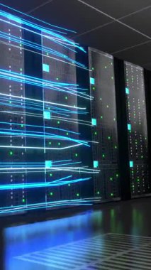 Bilgisayar raflı sunucu odasında dijital veri akışı - depolama veya sunucu konsepti - 3d 4k dikey animasyon (2160x3840 px)
