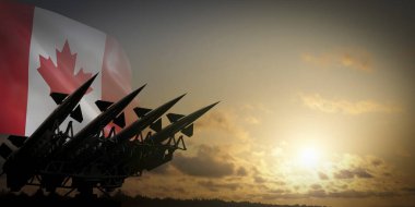 Kanada bayrağı ve füzeler - savunma konsepti - 3D illüstrasyon