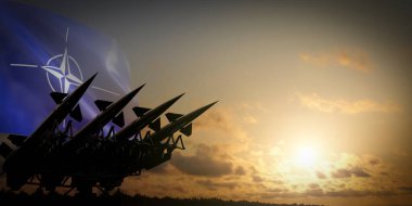 NATO bayrağı ve füzeler - savunma konsepti - 3D illüstrasyon