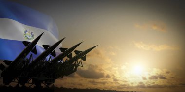 El Salvador bayrağı ve füzeler - savunma konsepti - 3D illüstrasyon
