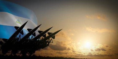 Nikaragua bayrağı ve füzeler - savunma konsepti - 3D illüstrasyon