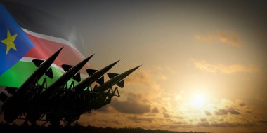 Güney Sudan bayrağı ve füzeler - savunma konsepti - 3D illüstrasyon