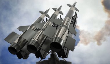 Bir fırlatıcıya üç füze - 3 boyutlu illüstrasyon
