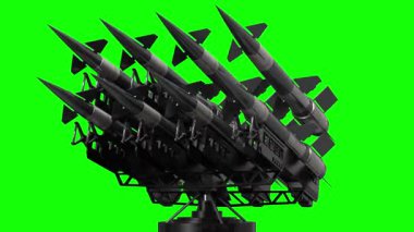 Fırlatıcıda çok sayıda füze, yeşil arkaplan - 3840x2160px 3D 4k animasyon ()