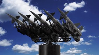 Fırlatıcıya beş füze, arka planda gökyüzü - 3840x2160px 3D 4k animasyon)