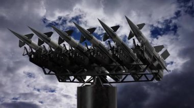 Bir fırlatıcıya altı füze, arka planda gökyüzü - 3840x2160px 3D 4k animasyon ()