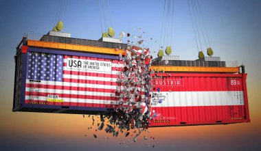 ABD ve Avusturya bayraklı kargo konteynerleri - 3D illüstrasyon