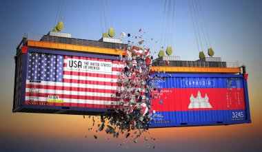 ABD ve Kamboçya bayraklı kargo konteynerleri - 3 boyutlu illüstrasyon