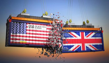 ABD ve Birleşik Krallık bayraklı kargo konteynerleri - 3D illüstrasyon