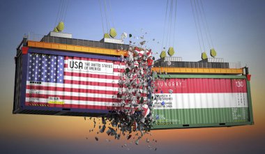 ABD ve Macaristan bayraklı kargo konteynerleri - 3D illüstrasyon