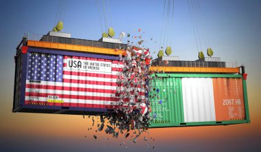 ABD ve İrlanda bayraklı kargo konteynerleri - 3D illüstrasyon