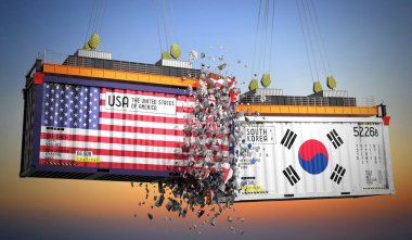 ABD ve Güney Kore bayraklı kargo konteynerleri - 3 boyutlu illüstrasyon