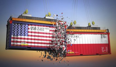 ABD ve Polonya bayraklı kargo konteynerleri - 3D illüstrasyon