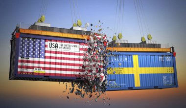 ABD ve İsveç bayraklı kargo konteynerleri - 3D illüstrasyon