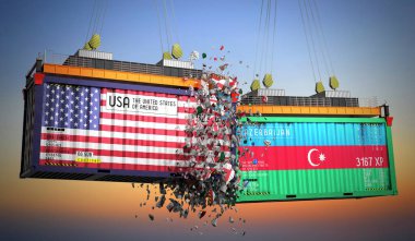 ABD ve Azerbaycan bayraklı kargo konteynerleri - 3D illüstrasyon