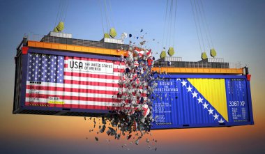 ABD ve Bosna-Hersek bayraklı kargo konteynerleri - 3D illüstrasyon