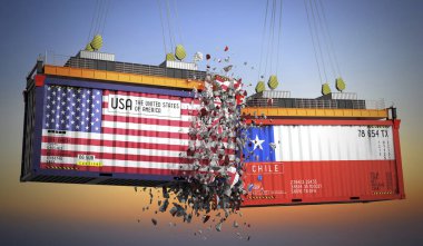 ABD ve Şili bayraklı kargo konteynerleri - 3 boyutlu illüstrasyon