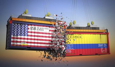 ABD ve Kolombiya bayraklı kargo konteynerleri - 3 boyutlu illüstrasyon