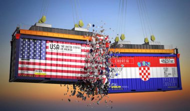 ABD ve Hırvatistan bayraklı kargo konteynerleri - 3D illüstrasyon