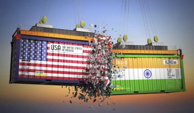 ABD ve Hindistan bayraklı kargo konteynerleri - 3D illüstrasyon