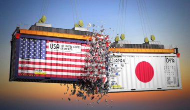 ABD ve Japonya bayraklı kargo konteynerleri - 3D illüstrasyon