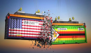 ABD ve Zimbabwe bayraklı kargo konteynerleri - 3 boyutlu illüstrasyon