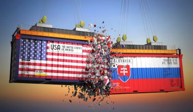 ABD ve Slovakya bayraklı kargo konteynerleri - 3D illüstrasyon