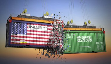 ABD ve Suudi Arabistan bayraklı kargo konteynerleri - 3D illüstrasyon