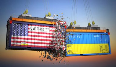 ABD ve Ukrayna bayraklı kargo konteynerleri - 3 boyutlu illüstrasyon