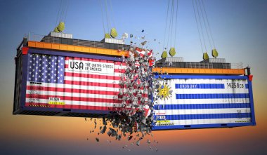 ABD ve Uruguay bayraklı kargo konteynerleri - 3 boyutlu illüstrasyon