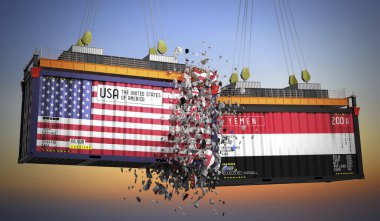 ABD ve Yemen bayraklı kargo konteynerleri - 3 boyutlu illüstrasyon