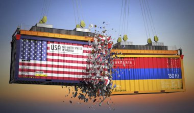 ABD ve Ermenistan bayraklı kargo konteynerleri - 3 boyutlu illüstrasyon