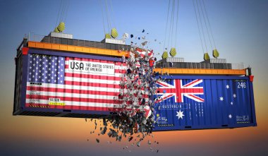 ABD ve Avustralya bayraklı kargo konteynerleri - 3D illüstrasyon