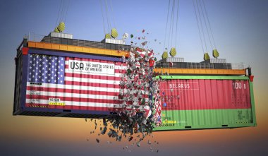 ABD ve Beyaz Rusya bayraklı kargo konteynerleri - 3 boyutlu illüstrasyon