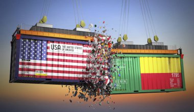 ABD ve Benin bayraklı kargo konteynerleri - 3 boyutlu illüstrasyon