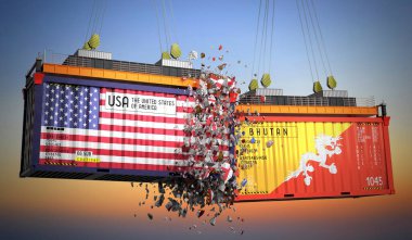 ABD ve Bhutan bayraklı kargo konteynerleri - 3D illüstrasyon