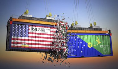 ABD ve Noel Adası bayraklı kargo konteynerleri - 3 boyutlu illüstrasyon