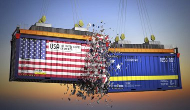 ABD ve Curacao bayraklı kargo konteynerleri - 3 boyutlu illüstrasyon