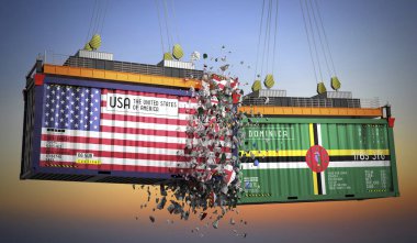 ABD ve Dominica bayraklı kargo konteynerleri - 3 boyutlu illüstrasyon