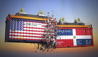 ABD ve Dominik Cumhuriyeti bayraklı kargo konteynerleri - 3 boyutlu illüstrasyon