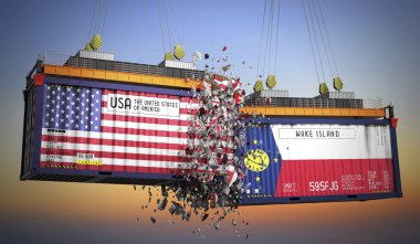 ABD ve Wake Adası bayraklı kargo konteynerleri - 3 boyutlu illüstrasyon